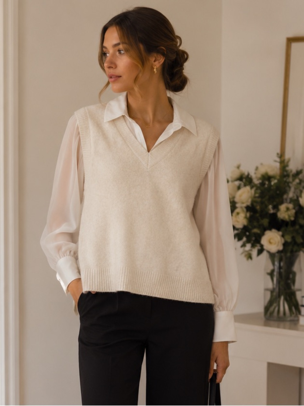 Halogen NWT Cream V-Neck Sweater Vest & Attached Chiffon Shirt‎ size S